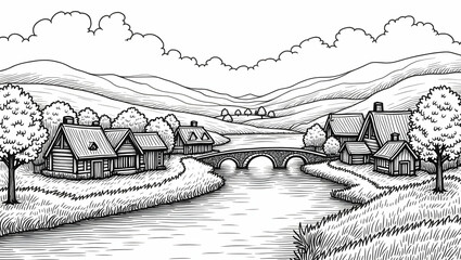 A charming village nestled along a winding river, with small wooden cottages, stone bridges, and lush trees drawn in elegant, intricate line art. 