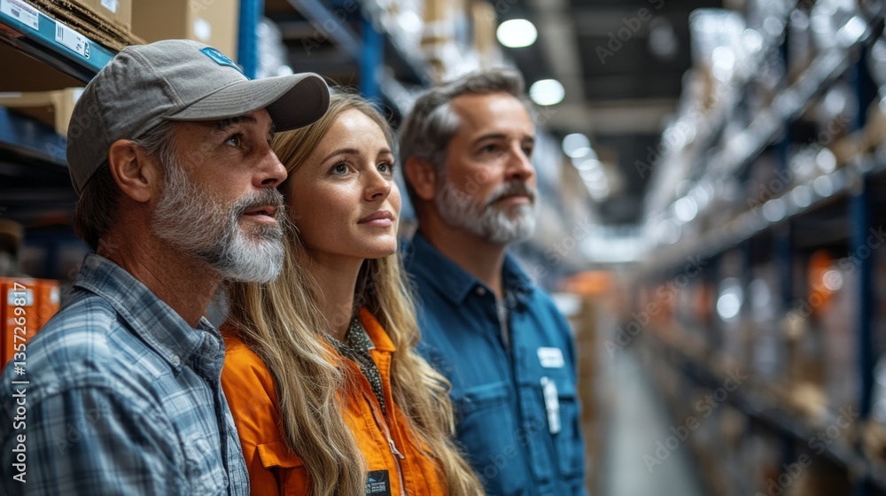 Poster Three logistics professionals evaluate sorting and fulfillment processes in a large warehouse, ensuring efficient distribution and storage of inventory during busy work hours.