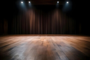 An empty stage with soft lighting and dark curtains, perfect for performances and theatrical presentations.