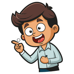 Cheerful Cartoon Boy with Brown Hair Pointing Upwards, Isolated on White Backdrop