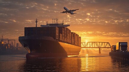 A cargo ship navigates the water under a beautiful sunset, with an airplane flying overhead near a bridge, symbolizing transportation and trade.