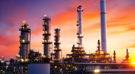 Obraz premium An industrial landscape featuring towering oil refinery structures against a stunning sunset backdrop, showcasing modern technology.