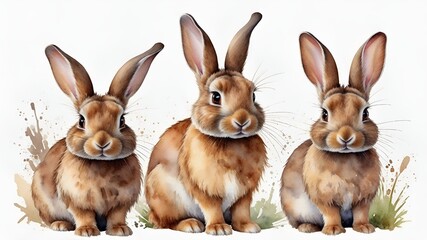 Fototapeta premium An animal clipart bundle featuring three watercolour paintings of brown cute rabbits isolated on white