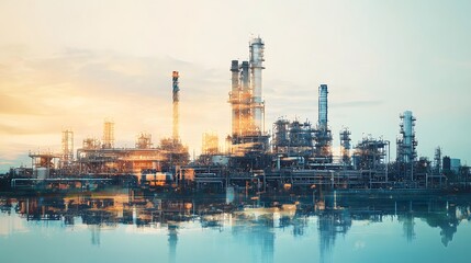 Fototapeta premium Industrial Complex at Sunrise with Reflection on Water Surface
