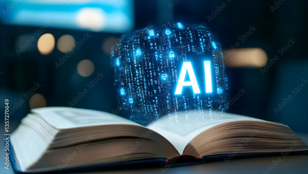 Poster an open book with a floating ai hologram above, symbolizing the fusion of knowledge and advanced tec