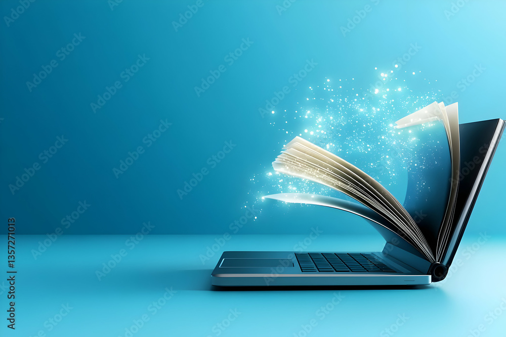 Aufkleber an open laptop with a magical floating book, symbolizing knowledge and digital transformation in mod