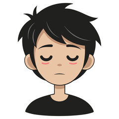 Cartoon Portrait of Boy with Black Hair, Sad Expression, Eyes Closed, Isolated, Simple