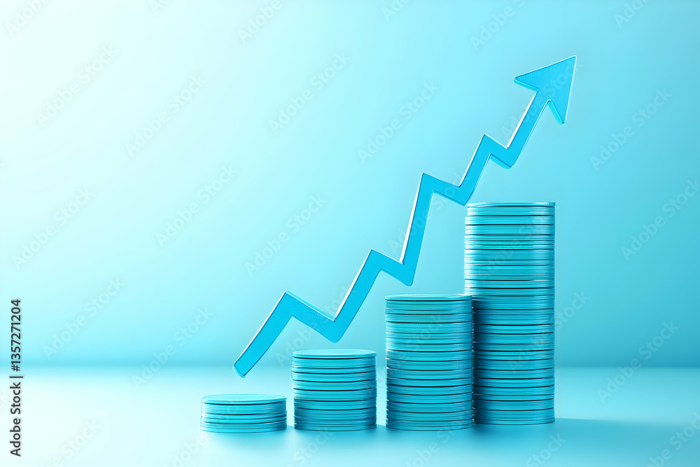 Poster an upward growth trend represented by coins stacking higher with a graph arrow indicating financial 
