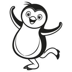 Happy Cartoon Penguin Character with Open Wings & Smiling Face in Black and White Style