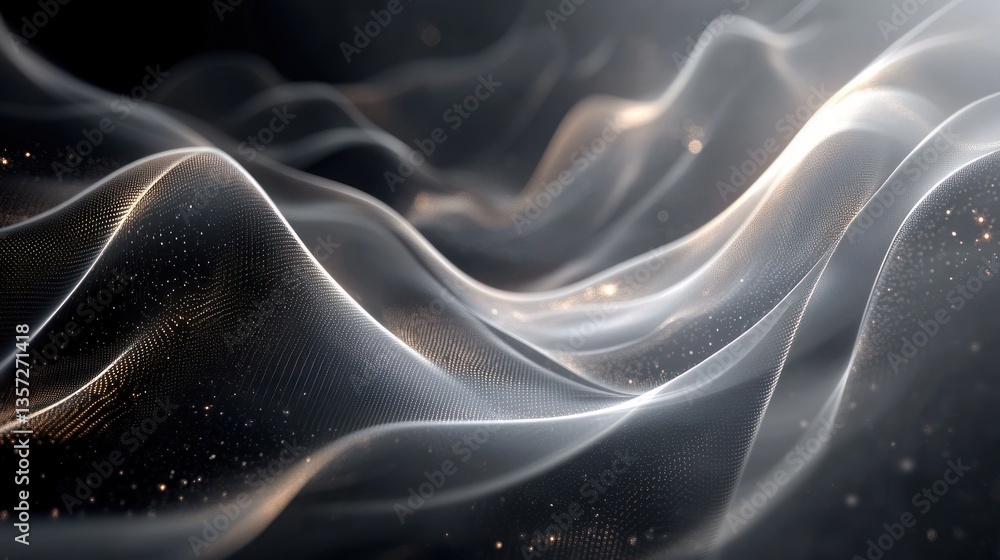 Poster elegant and fluid silver wave with luminous golden particles ethereal modern and minimal art digital