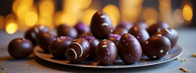 Naklejka premium A plate full of chocolate easter eggs on a table.