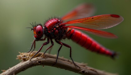 Vivid Red Dragonfly Perched on Branch with Blurred Background
