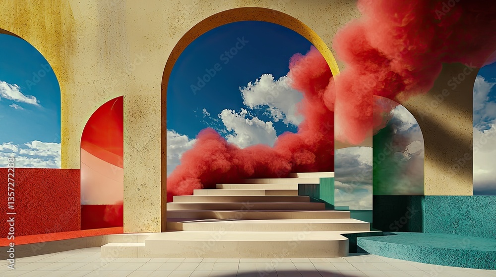Poster swirling red smoke and curved clouds enveloping abstract architectural forms
