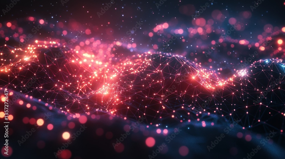 Aufkleber luminous connection network in digital space with vibrant nodes and dotted lines in dark ambiance
