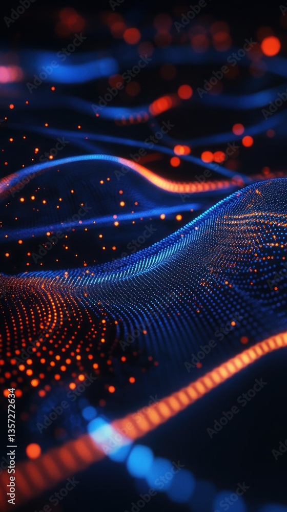 Aufkleber abstract blue and orange particle waves digital network futuristic design glowing dots data flow
