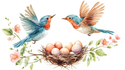 Beautiful Watercolor Illustration of Couple of Birds Flying Over a Nest