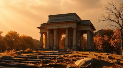 Fototapeta premium Exploring Ancient Arch Building at Golden Hour with Fall Foliage Scenery