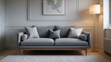 Serene grey sofa in a calming living room, styled with soft neutral cushions and a warm floor lamp, creating a peaceful atmosphere.