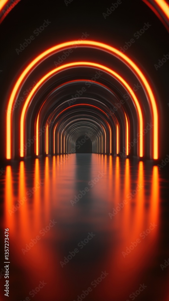 Poster futuristic portal of illuminated orange neon arches reflecting on a glossy surface creating depth