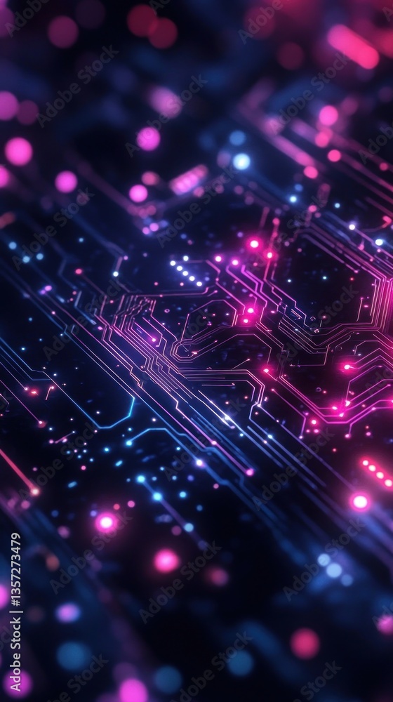 Poster dynamic circuit board illustration glowing with electronic connectivity in deep space background