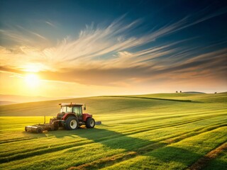 Fototapeta premium Minimalist Tractor Mowing Grass Field: Summer Rural Landscape