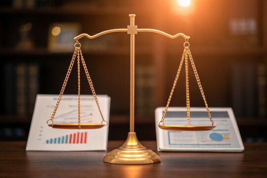 Regulation influences economic risk and recession concept. Golden scales of justice with financial graphs in the background, symbolizing law and business balance.