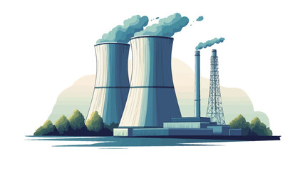 A vector illustration depicting a stylized industrial power plant.  The image features two large cooling towers emitting smoke or steam, alongside smaller structures and smokestacks. The plant is