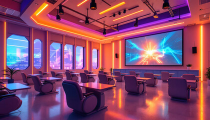 A Modern Presentation Room With Glowing Lights And Screen