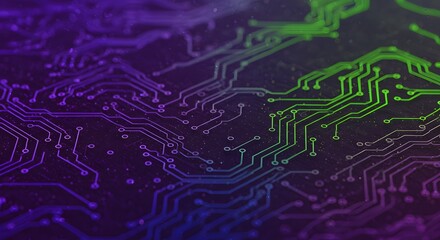 Digital circuit board with neon green and purple lights