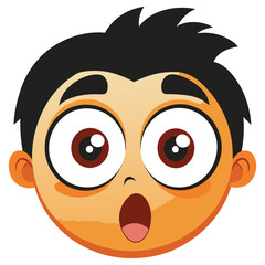 Cartoon Boy Face, Shocked Expression, Big Eyes, Mouth Open, Black Hair, Brown Skin, Isolated