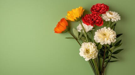 Fototapeta premium Vibrant flowers arranged on a bright green background, leaving space for text and design elements.