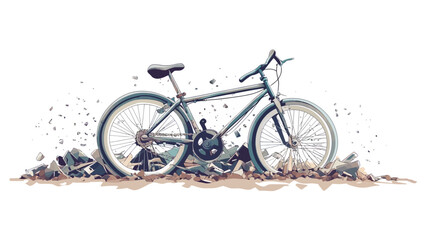 Fototapeta premium A stylized illustration of a mountain bike resting on a patch of dirt and rocks. The bike is depicted in a slightly weathered or vintage style, with visible texture on the frame and components. The