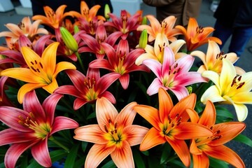 Obraz premium A variety of colorful lilies displayed for sale at a market stall, fresh, vibrant