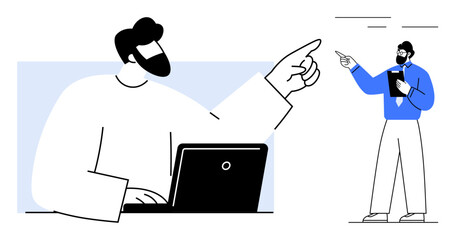 Man on laptop pointing while communicating with colleague holding tablet. Ideal for teamwork, communication, leadership, remote work, corporate training, brainstorming, feedback. Flat simple metaphor