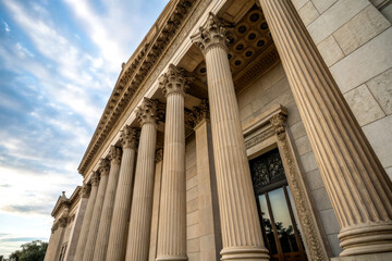 Obraz premium A majestic building featuring tall columns, ornate details, and a dramatic sky backdrop, showcasing classical architectural design.