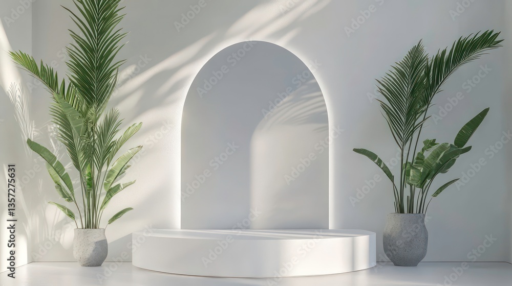 Poster Abstract white geometry shape background. podium minimalist mock up scene. 3d rendering. 3d render design for display products on the website. Mockup with gray podium scene concept