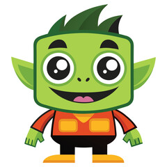 Cartoonish Green Monster Character, Rectangular Head, Big Eyes, Smiling, Isolated Art
