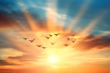 Obraz premium A breathtaking sunset with rays of sunlight illuminating the sky, as birds gracefully fly across the horizon, creating a serene atmosphere.