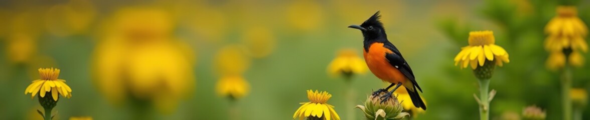 A vibrant African Black-headed Oriole perches among aloe flowers in Mjejane Game Reserve, Kruger National Park, South Africa,  wildlife,  vibrant