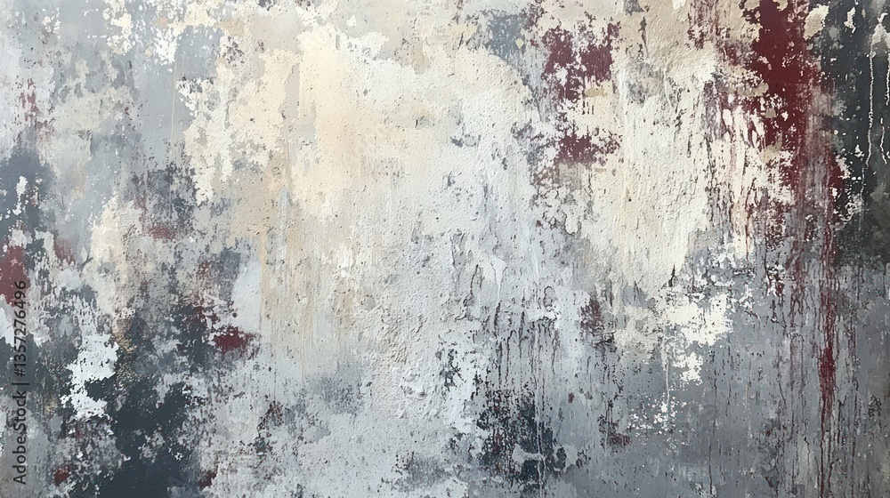 Poster abstract expressionist palette of textured surface in gray white and red with paint streaks