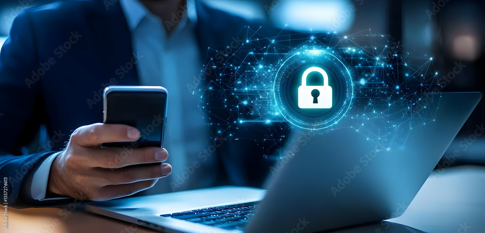 Poster a businessman uses a smartphone while a digital lock symbol appears, representing cybersecurity and 