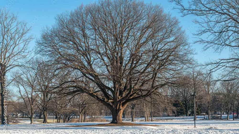Poster A professional arborist cutting branches to shape a large tree in a park. 