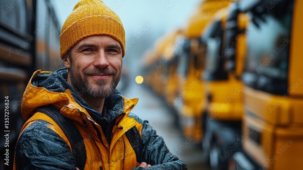 Poster a confident logistics worker stands proudly near several yellow trucks in a busy distribution hub. t