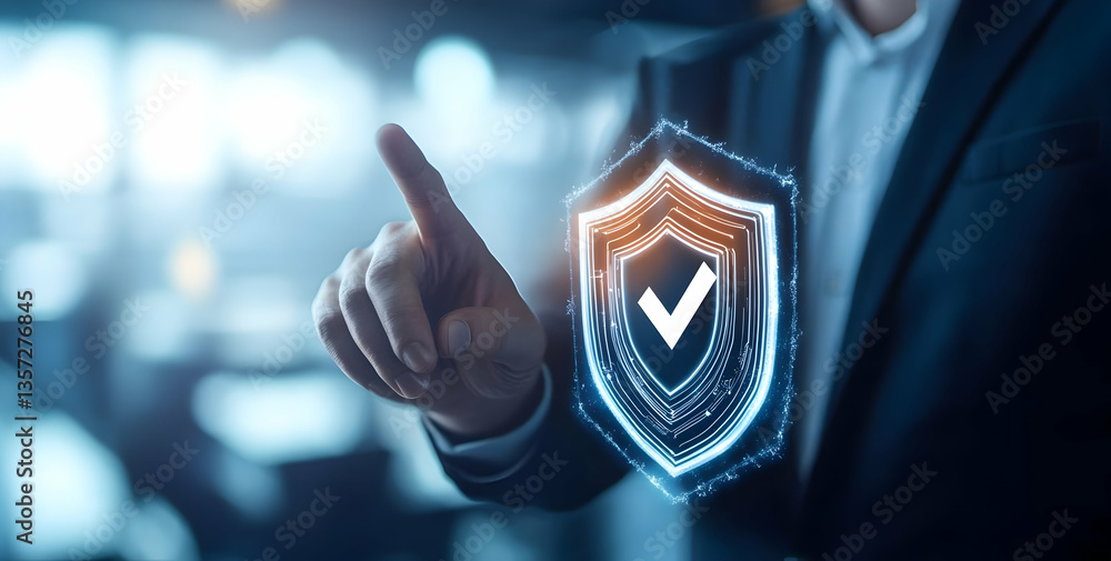 Poster a business professional interacts with a digital shield symbolizing security and trust in modern tec
