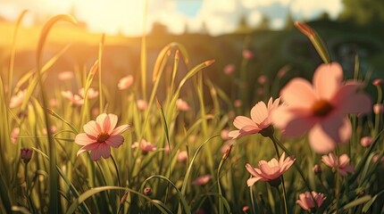 Pink Flowers Blooming in a Grassy Field with Sunlight Streaming Through