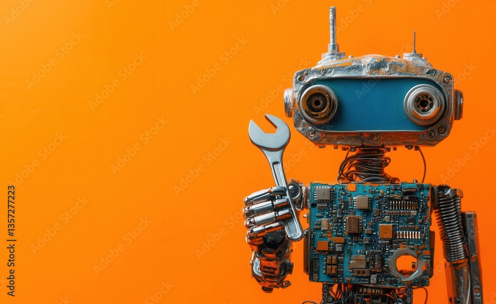 Poster creative robot holding a wrench with an orange background in technology style