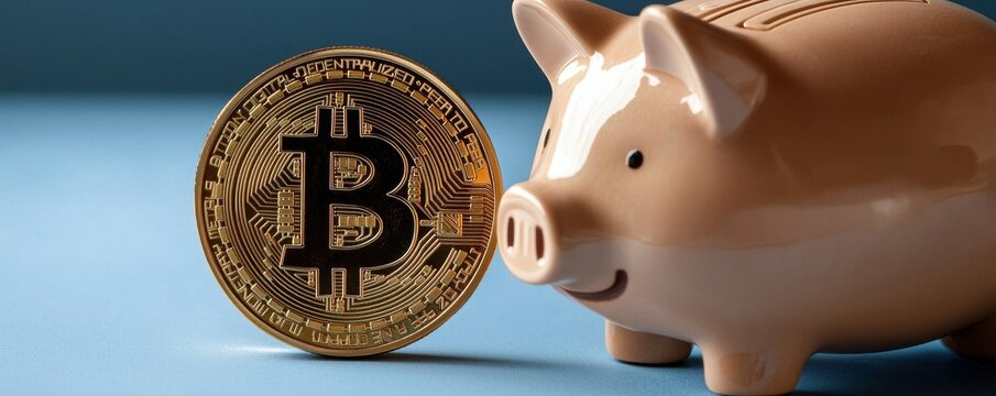 A piggy bank next to a Bitcoin symbolizes saving and investing in cryptocurrency for future financial growth.