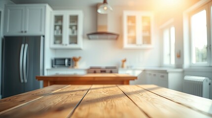 Wooden Table in Bright Kitchen Interior Perfect for Product Mockups