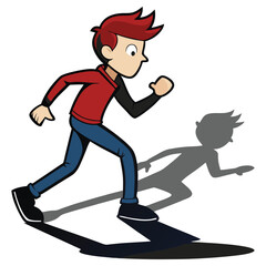 Cartoon Caucasian Boy Running with Shadow Isolated on White Background Flat Style