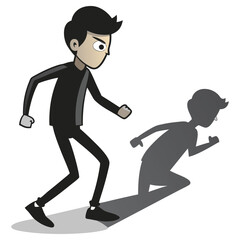 Cartoon Man Walks with Shadow Running; Black Hair, Fair Skin, Casual Outfit, White BG